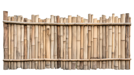 Close-up view of a bamboo fence forming a rustic barrier, isolated on a transparent background, suitable for various design projects