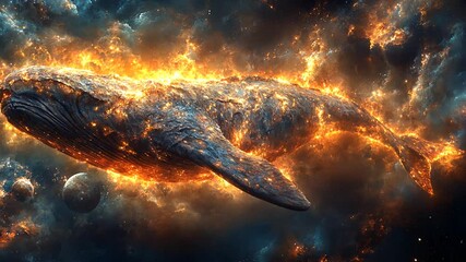 A cosmic whale swims through a vibrant nebula, surrounded by glowing stars and distant planets - Powered by Adobe
