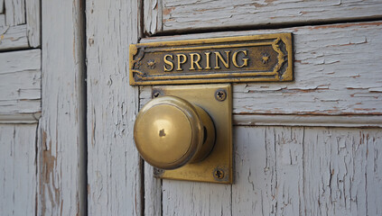 Vintage door with peeling paint, brass handle and "SPRING" sign, creating an atmosphere of antiquity and spring renewal. Concept of nostalgia, retro style and spring