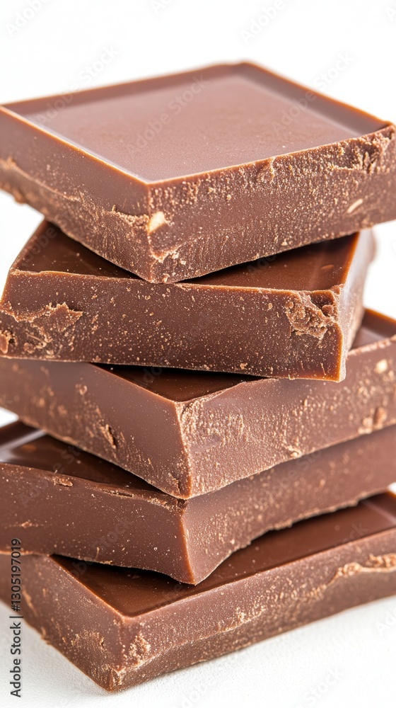 Poster close up of a stack of dark brown chocolate squares on a white background. the texture of the chocol