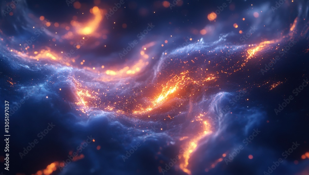 Poster ethereal cosmic swirls of blue and orange light creating a mystical space background for abstract an
