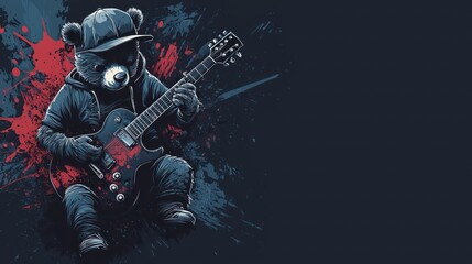 A bear wearing a hat playing an electric guitar