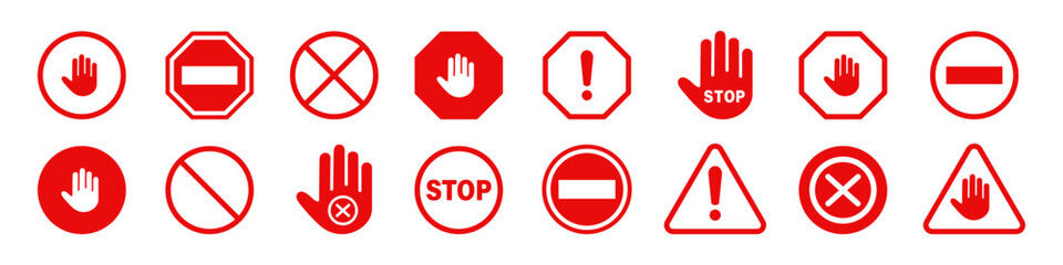 Stop icons set. Red sign STOP with hand. Stop, Warning symbol. Vector.