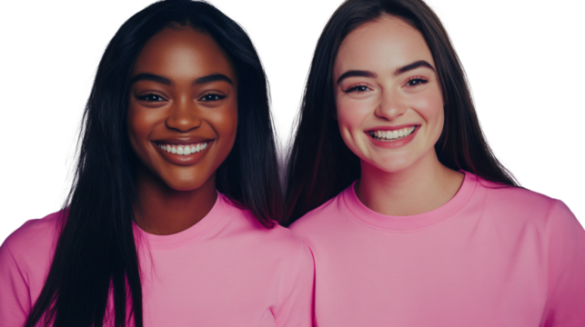 Two happy multiracial women wearing pink t-shirts are smiling on a transparent background