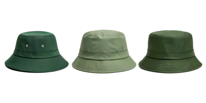 Three Different Green Bucket Hats on White, Stylish and Practical Headwear, PNG Transparent