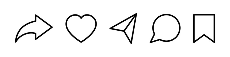 Social media interface line icons. Like, message, comment, share and save. Vector