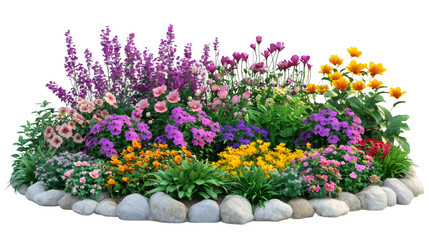 Colorful flower bed featuring vibrant blossoms nestled among rocky terrain, presenting isolated garden landscape with transparent backdrop