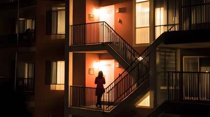 Obraz premium Silhouetted figure standing on the balcony of an apartment building gazing out at the glowing lights and architecture of the city skyline in the night The scene has a moody