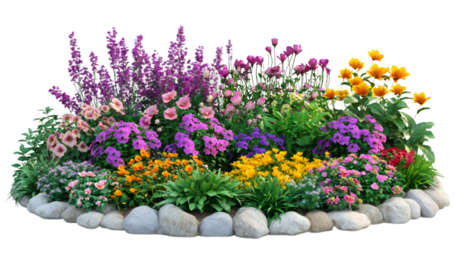Colorful flower bed featuring vibrant blossoms nestled among rocky terrain, presenting isolated garden landscape with transparent backdrop