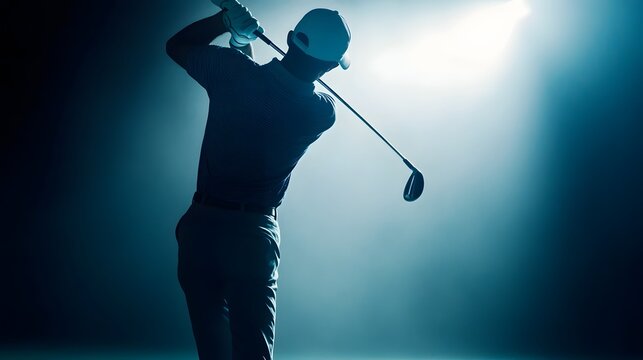 Dramatic silhouette of a male golfer swinging a golf club during an evening game  Backlit against a moody atmospheric sky with clouds at dusk  Concept of sport fitness competition