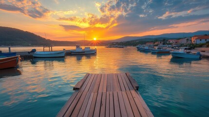 Fototapeta premium Sunset over a serene harbor with fishing boats and wooden pier in a tranquil coastal town