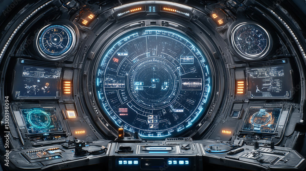 Poster exploring futuristic spacecraft control room space station digital interface high-tech environment c