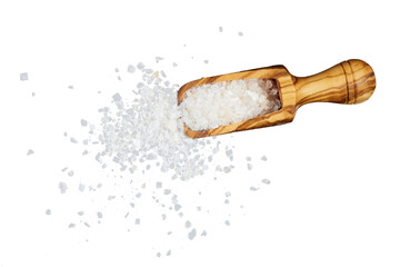wooden spoon with white salt isolated on white or transparent png