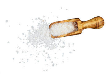 wooden spoon with white salt isolated on white or transparent png