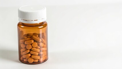 Amber Pill Bottle with Tablets on White Background
