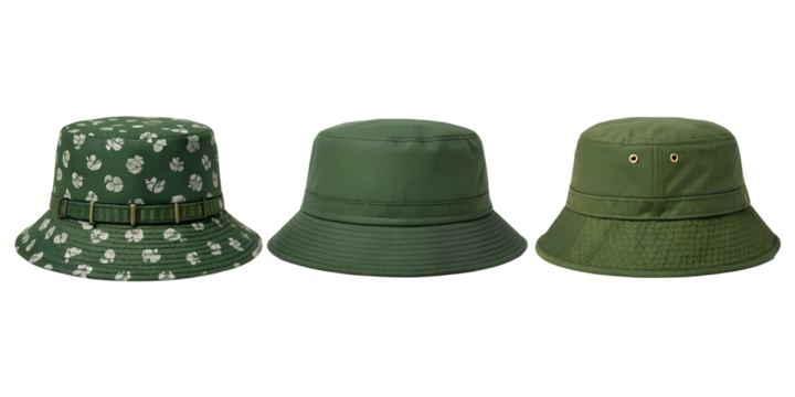 Three Varieties of Green Bucket Hat on White, Trendy and Comfortable Outdoor Hat, PNG Transparent