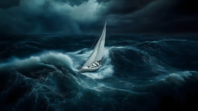 Dramatic storm at sea with a sailboat battling against powerful waves and gale force winds in a turbulent foreboding and ominous seascape  The sailboat is being tossed about in the raging