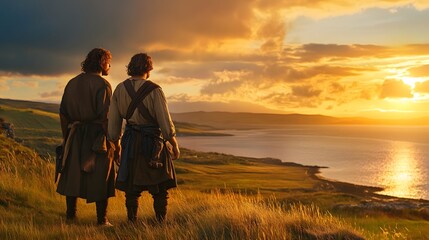 Two silhouetted figures standing on a hilltop admiring the breathtaking panoramic view of a rugged coastal landscape at sunset The golden rays of the sun illuminate the vast
