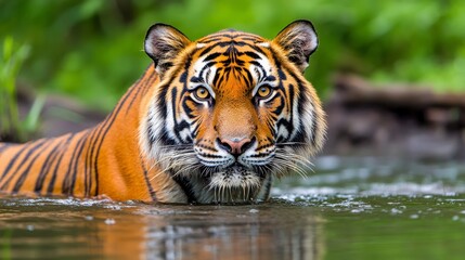 Majestic Tiger Staring Intently in a Calm Forested Waterscape