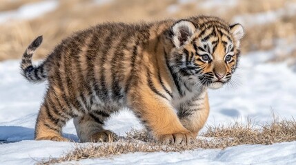 Obraz premium Playful Tiger Cub Exploring Snowy Landscape in Winter Nature