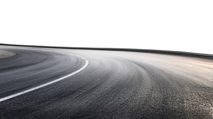 Empty curved asphalt road with skid marks on transparent background, ideal for automotive composites
