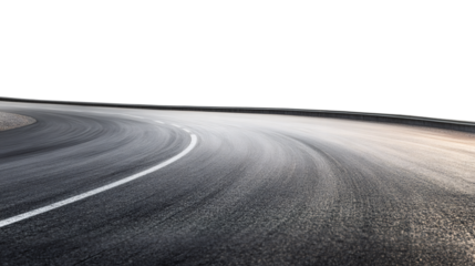 Empty curved asphalt road with skid marks on transparent background, ideal for automotive composites