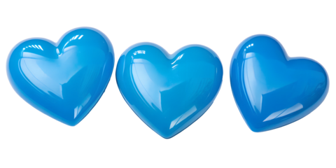 Three Different Blue Glossy Shiny Blue Hearts on White, Sparkling and Beautiful Symbols, PNG Transparent