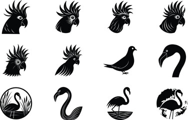 Fototapeta premium Black and White Bird Silhouettes Cockatoo, Flamingo, Dove Icons