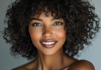 Portrait Of A Young Woman With Curly Hair And Radiant Smile Against Soft Gray Backgrounds