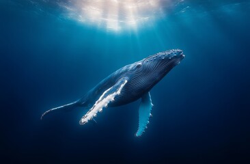 Fototapeta premium Whale's Underwater Ascent: A majestic humpback whale gracefully ascends through the deep, its massive form illuminated by the sun's rays filtering down from the surface.