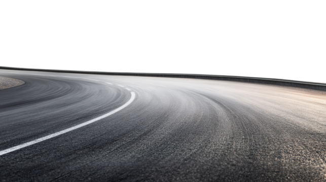 Empty curved asphalt road with skid marks on transparent background, ideal for automotive composites