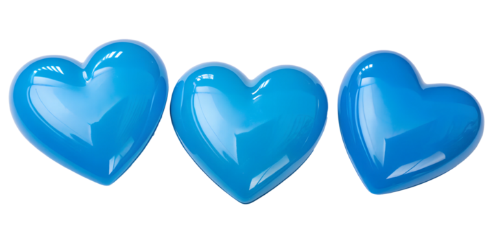 Three Different Blue Glossy Shiny Blue Hearts on White, Sparkling and Beautiful Symbols, PNG Transparent