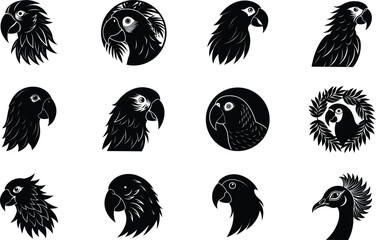 Collection of Black and White Parrot Head Illustrations and Designs