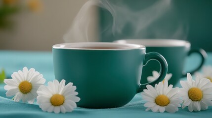 Cozy Coffee Moment with Steaming Cups and Fresh Daisies