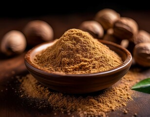 close up view of freshly ground nutmeg powder symbolizing warmth flavor and the rich history of spices in cooking and wellness evoking feelings of comfort tradition and culinary creativity