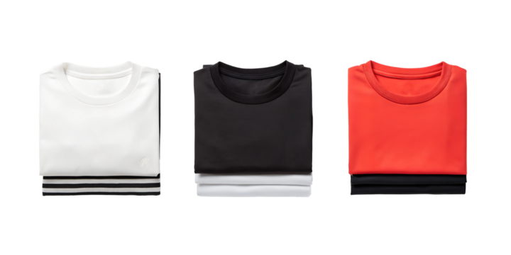 Three Different Styles of Folding T-Shirt and Stack of Clothes, Casual and Comfy Apparel, PNG Transparent