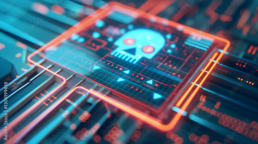 Poster a glowing skull icon is embedded in a circuit board design, symbolizing cybersecurity threats and di