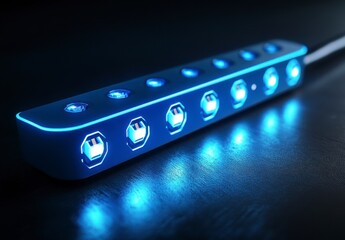 Sleek Modern Blue Light Bar on a Dark Reflective Surface - A Visual Presentation of Modern Lighting