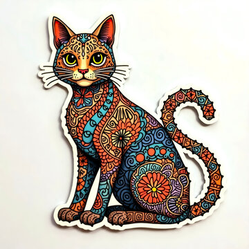 Colorful patterned cat illustration with intricate designs and bright hues. 