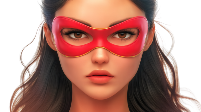 Confident female superhero wearing vibrant red mask, revealing powerful persona against clean transparent backdrop - Powered by Adobe