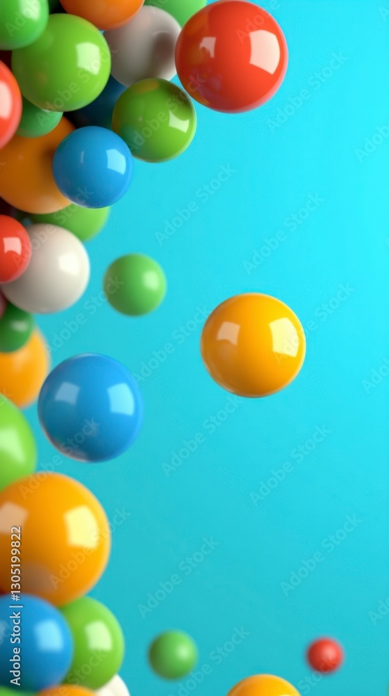 Poster abstract image of colorful glossy spheres falling against a light blue background. the spheres vary 