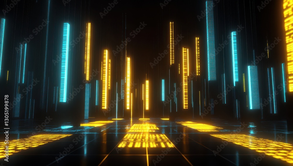 Aufkleber futuristic abstract digital landscape with glowing neon lights and vertical bar elements creating a 