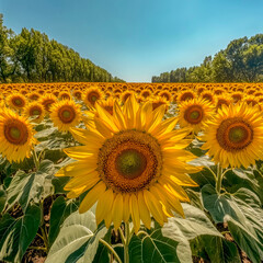 Obraz premium Bright sunflowers bloom in a vast field under clear blue skies during summer. 