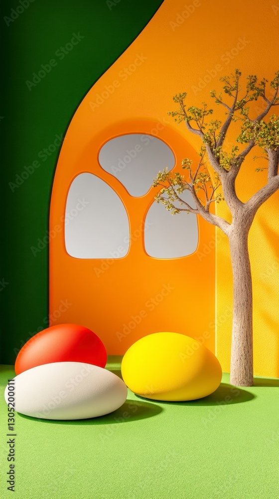 Poster three colorful eggs rest on green grass near a stylized tree and arched window. orange and green wal