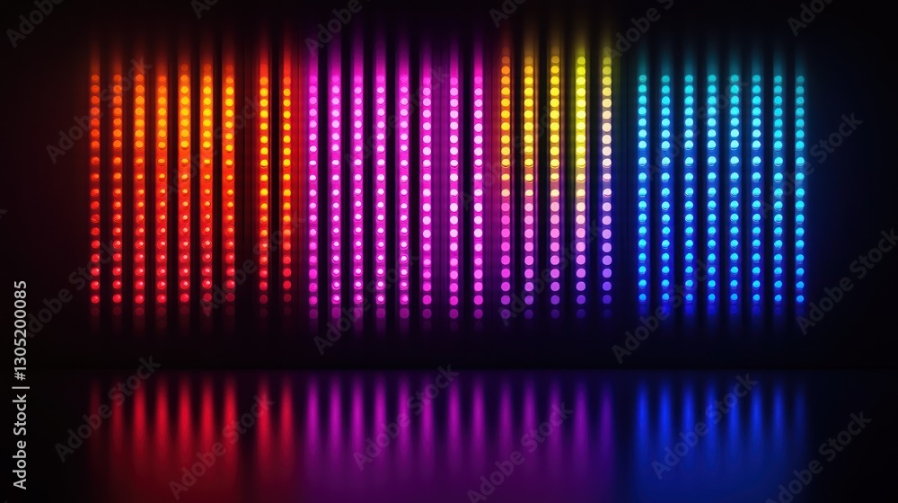 Poster colorful led wall display reflecting on dark floor. possible use abstract backdrop