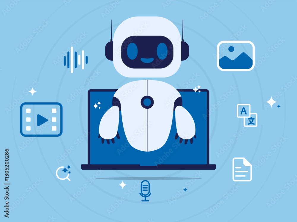 Poster AI, Artificial intelligence robot on laptop and generate bar. AI created generate art, text, video, audio with prompt. Big data visualization and machine learning. Vector illustration.