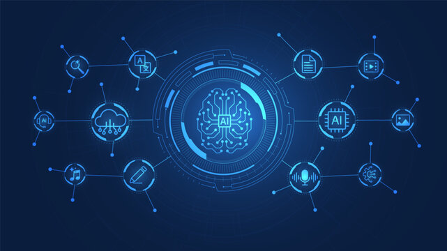 Concept of Artificial intelligence in futuristic background. AI technology for big data analytics and generate ideas. AI and Neural networks. Vector illustration.
