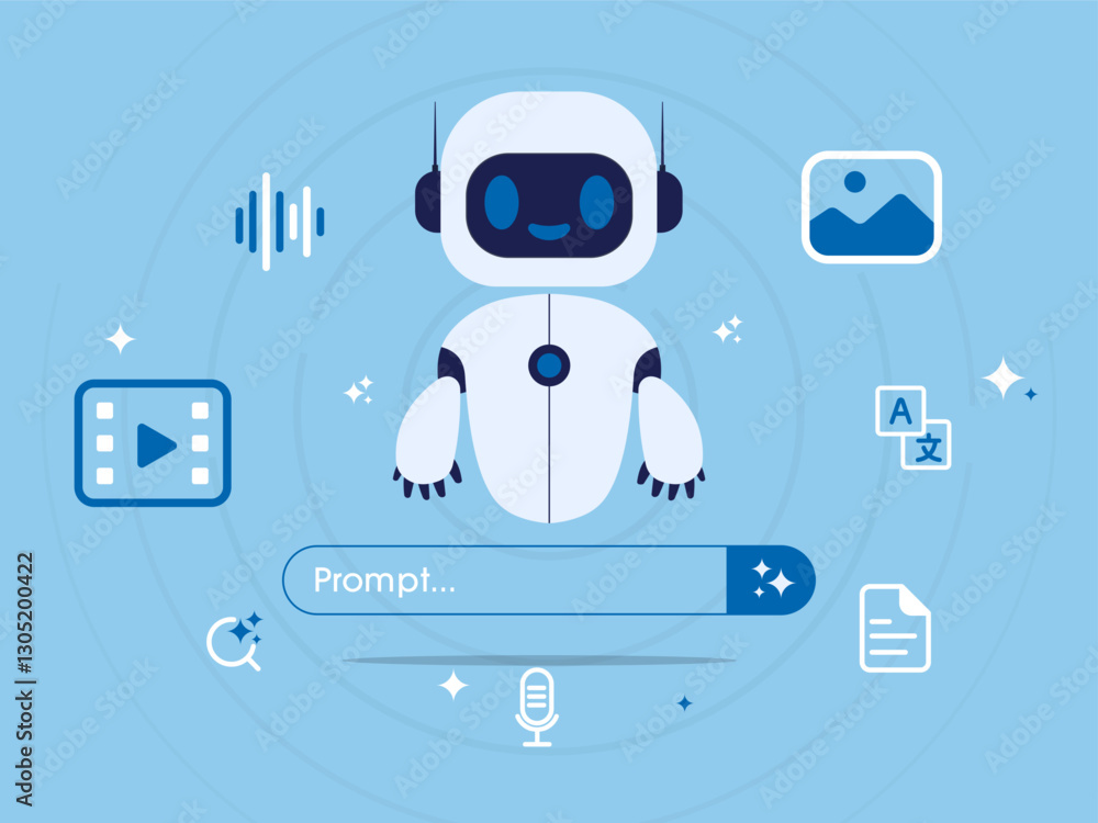 Aufkleber AI, Artificial intelligence robot on generate bar. AI created generate art, text, video, and audio with prompt. Big data visualization and machine learning. Vector illustration.