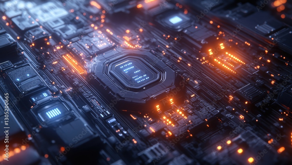 Poster futuristic abstract view of a high-tech circuit board with bright orange lights and complex chip arr