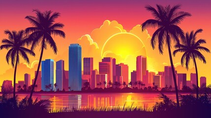 City skyline at sunset reflected in a tranquil body of water
